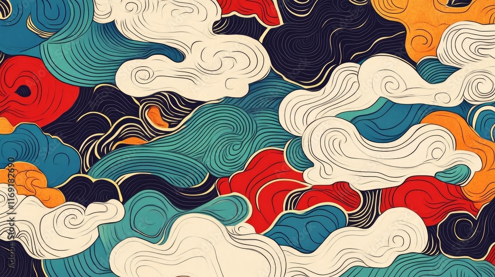Poster abstract design featuring colorful, flowing clouds and waves in a dynamic pattern.