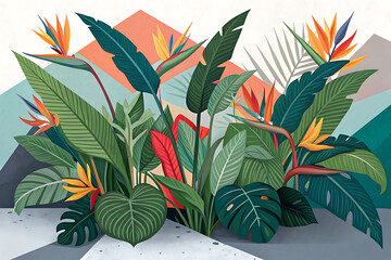 Vibrant botanical collage with geometric backdrop for decorative design.