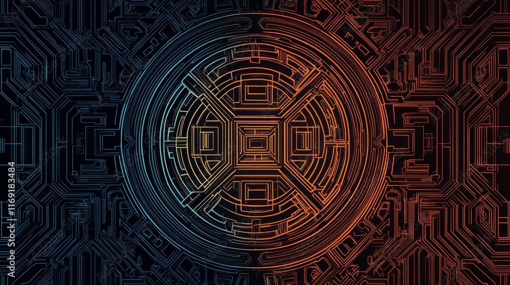 Poster abstract circuit design with a central geometric pattern in orange and blue hues.