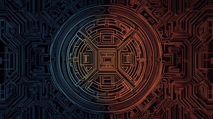 Fototapeta premium Abstract circuit design with a central geometric pattern in orange and blue hues.