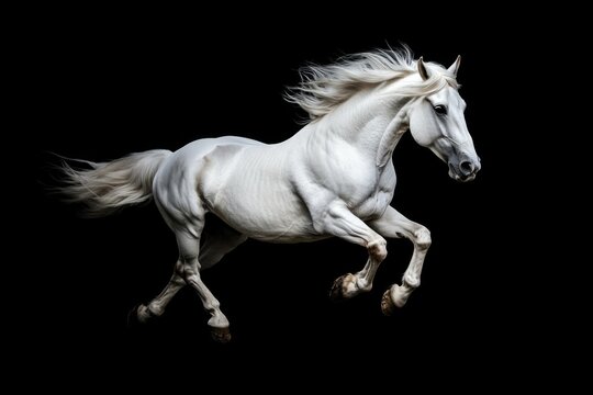 A white horse galloping through the darkness of the night in a field, its mane blowing in the wind