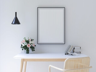 A minimalist workspace featuring a white desk, a chair, a bouquet of flowers, and an empty frame against a light wall. 3D render