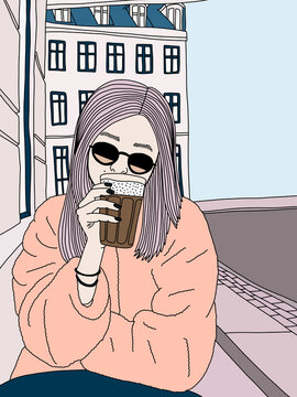 Woman in Sunglasses Drinking Coffee Outdoors