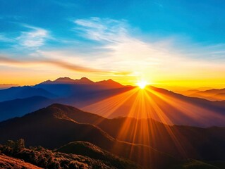 Naklejka premium A breathtaking sunrise over mountains, casting warm rays and illuminating the landscape with vibrant colors and a serene atmosphere.