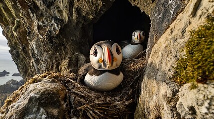 Fototapeta premium Two Puffins Nestled Deep Inside Coastal Rock Burrow