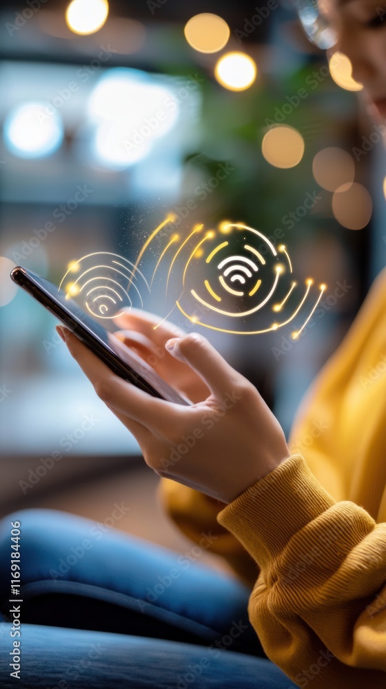 Poster mobile technology interaction user engaging with smartphone indoor setting digital content modern en