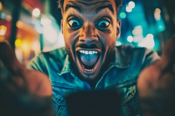 Excited person viewing phone, nighttime city blur.