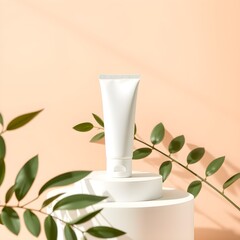 Minimalist skincare product, White tube on geometric pedestal, Green plant leaves, Soft peach background, Clean aesthetic, Product photography, Beauty cosmetics