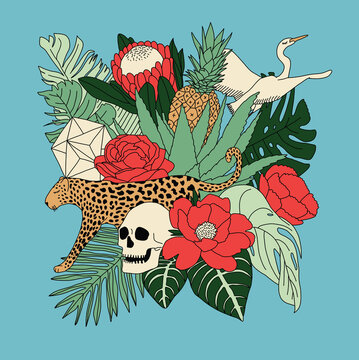 Vintage Skull and Floral Composition with Leopard