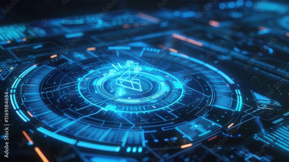 Poster motion graphics background with digital screen with blue holographic hud and animated interface turn