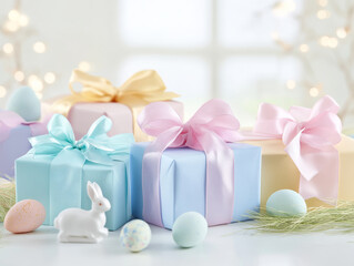 Vignette of Easter gifts with pastel bows and decorative elements.