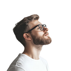 Obraz premium Young man with beard and glasses looking up