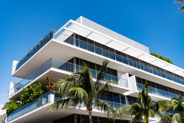 Modern building with balcony. Architectural building in Miami beach. Building perspective view. Hotel architecture. Architecture of modern building. Perspective residential house