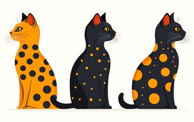 Three stylized cats in orange and black polka dots, sitting in profile view.