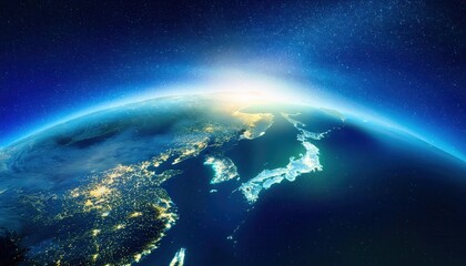 Illuminated View of Japan and East Asia at Night from Space. Stunning Earth Day Perspective Highlighting City Lights, Geographical Beauty, and the Global Importance of Sustainability and Conservation