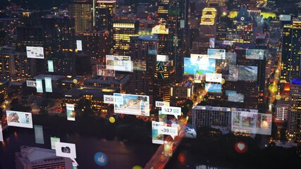 Aerial view of Austin, Texas at night with a digital overlay of social media content, concept of smart city and the future of technology - Powered by Adobe