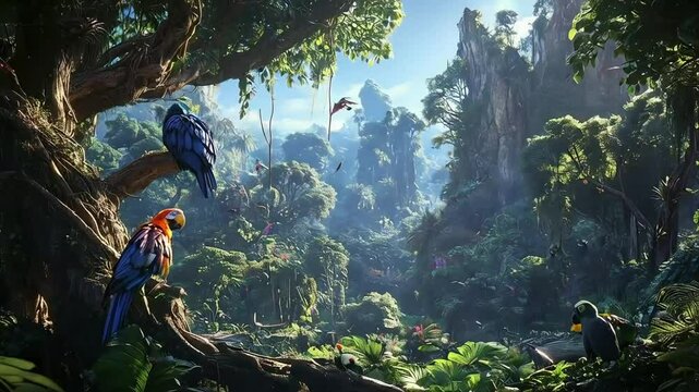 Lush rainforest landscape with vibrant parrots perched on a large tree, surrounded by diverse flora and fauna.