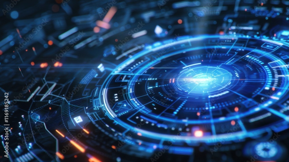 Poster motion graphics background with digital screen with blue holographic hud and animated interface turn