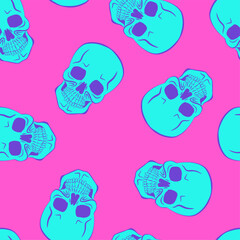 Bright blue skulls on pink background. Pop art seamless pattern. Texture for fabric, wrapping, wallpaper. Decorative print. Vector illustration