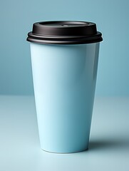 Light blue disposable coffee cup with black lid on a blue background.