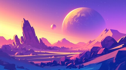 Obraz premium Alien Landscape Featuring Sharp Mountains and Two Planets at Sunset