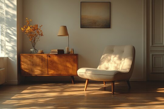 Sleek and modern single sofa chair bed with beige fabric, placed on a wooden floor in front of an elegant sideboard, complemented by vintage lamp light and decorative accessories.