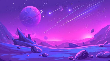 Alien Landscape Featuring Shooting Stars Across a Purple Planet's Surface..