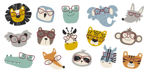 Cute animal faces with cool glasses. Funny wild animal characters for cards, posters and stickers.