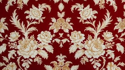 Detailed, ornate fabric design in a classic and elegant style, with a smooth texture, from a repeating pattern of floral motifs, in a golden yellow shade. Background, bright red