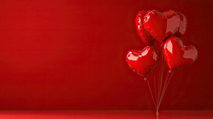 3D Heart-Shaped Balloons on Red Background with Copy Space for Valentine's Day, Romantic Love Concept, Studio Shot of Air Balloons Over Table in Room, Banner Design