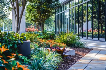 A large indoor garden with a variety of plants and trees