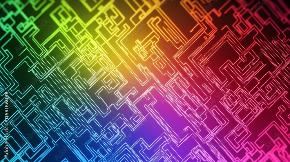 Poster a vibrant, abstract maze-like pattern with colorful gradient lines on a dark background.