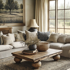 A Cozy Rustic Living Room with Earthy Tones, Featuring a Wooden Coffee Table, Textured Pillows and a View of Nature Through Large Windows,