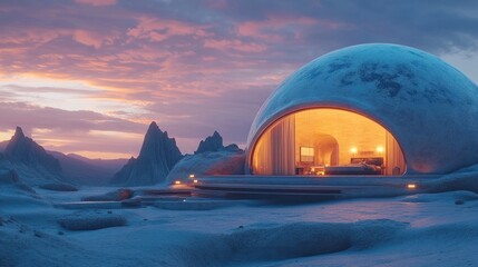 Captivating image of a futuristic domed residential structure nestled amidst a snowy mountainous landscape illuminated by the warm glow of a vibrant sunset sky  This contemporary