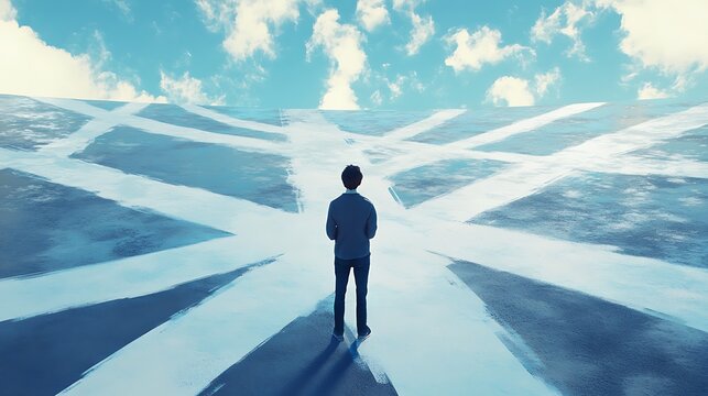 A person standing at a crossroads, looking at multiple paths ahead, symbolizing decision-making in the quest to find one&rsquo;s life goal 