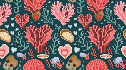 An enchanting ocean-inspired Valentine's Day background with heart-shaped coral reefs, pearl-filled oysters, and tiny bubbles rising, set on a deep aquamarine gradient, blending romance with nature.