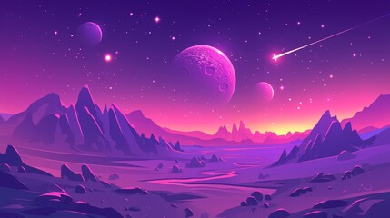 Alien landscape showcasing vibrant purple mountains under a cosmic sky filled with planets and a shooting star..