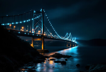 Fototapeta premium A large suspension bridge with illuminated cables and arches spanning over a body of water at night