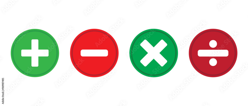 Poster vector icons with mathematical signs. plus minus multiply and divide sign isolate in circle on white