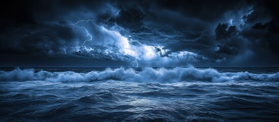 Dramatic ocean waves crashing under a stormy night sky with lightning.