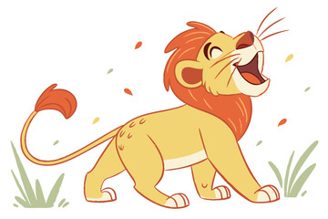 A cheerful watercolor vector of a cartoon lion with a playful expression, featuring vibrant orange and yellow tones, isolated on a white background