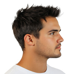 Profile view of a young man with styled hair