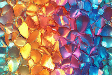 Seamless pattern of metallic holographic light reflections, fluid gradients in gold, silver, and vibrant neon shades, iridescent glowing surface with smooth transitions