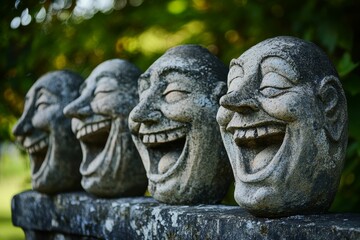 Fototapeta premium Stone heads, laughing, aligned, weathered, outdoors.