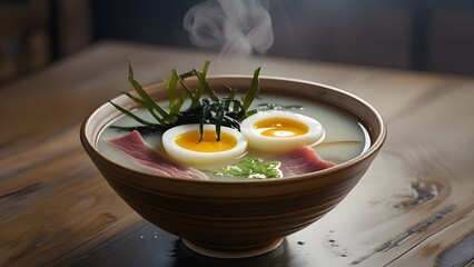 Japanese ramen with soft-boiled eggs, seaweed, and sliced beef in a rich broth