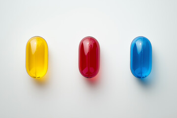 Bright capsules in red, blue, and yellow are arranged symmetrically on a pristine white surface. Soft lighting highlights their vibrant colors and glossy texture, perfect for healthcare or pharmaceuti