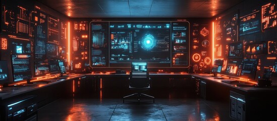 Futuristic control room with glowing screens displaying data and graphs.