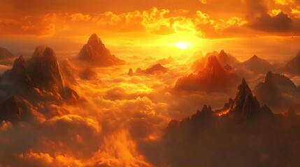 Naklejka premium Aerial view of Huangshan, where the jagged peaks pierce through a golden sea of clouds at sunset, with vivid oranges and reds in the sky.