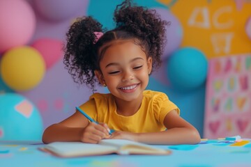Young child enjoys writing in a colorful journal surrounded by playful decorations