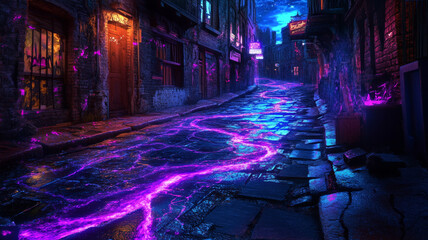Naklejka premium A glowing river of light illuminating a deserted street, merging creativity and reality in photography.